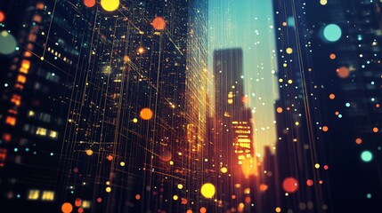 14. A vibrant smart city scene with tall buildings, highlighted by abstract dots and lines representing the intricate network of big data connections