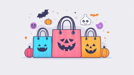 Fototapeta premium Online Shopping for Festive Trick-or-Treat Bags - Flat Design Illustration of Virtual Store Interface with Halloween Accessories