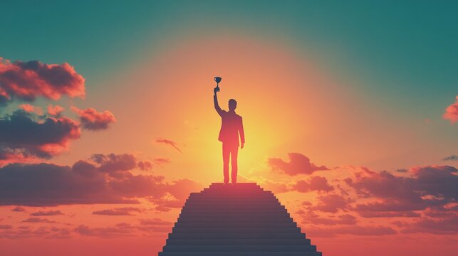 18. At the peak of a staircase, a businessman silhouette raises a trophy against the backdrop of a glowing sunset, embodying the spirit of success and organizational leadership