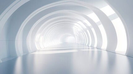 21. A sleek 3D rendering of an empty white tunnel corridor, featuring a curved frame geometric structure, perfect for a trade show display background