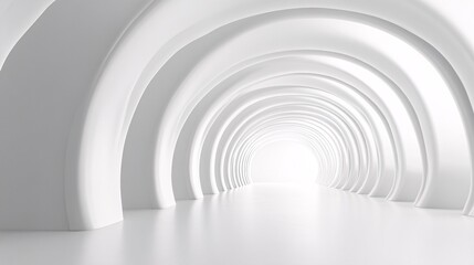 21. A sleek 3D rendering of an empty white tunnel corridor, featuring a curved frame geometric structure, perfect for a trade show display background