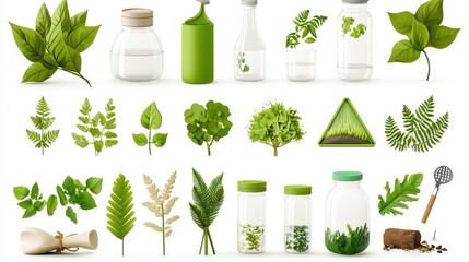 Green Plants and Leaves in Glass Bottles and Jars  Isolated on White Background