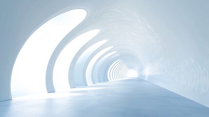 Naklejka premium 22. An abstract interior view of a white tunnel corridor, with smooth, curved geometric frames in a 3D rendering, ideal for trade show backgrounds
