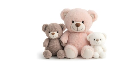 Three teddy bears are sitting together on a white background