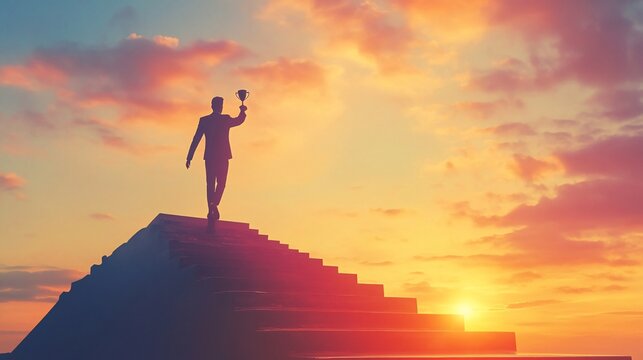 18. At the peak of a staircase, a businessman silhouette raises a trophy against the backdrop of a glowing sunset, embodying the spirit of success and organizational leadership