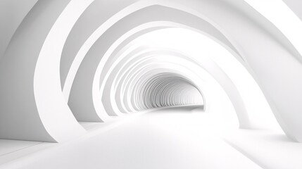 23. A minimalist 3D rendering of a white tunnel with curved geometric structures, creating an abstract and futuristic corridor for trade show displays