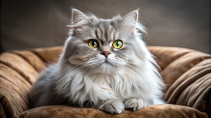 Obraz premium Adorable fluffy Persian cat with bright curious eyes and soft gray fur lounges on a velvet cushion, showcasing