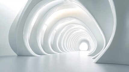 Obraz premium 25. A futuristic 3D rendered white tunnel corridor, with an abstract interior of curved geometric frames, designed for trade show display backgrounds