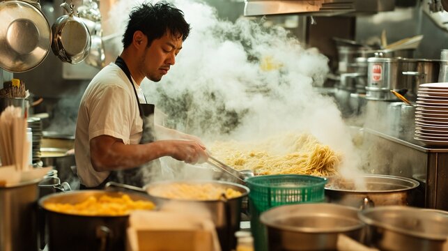 26. A bustling ramen kitchen, chefs expertly crafting noodles and steaming broth, the rich aroma filling the air, capturing the essence of culinary mastery and dedication to authentic flavors