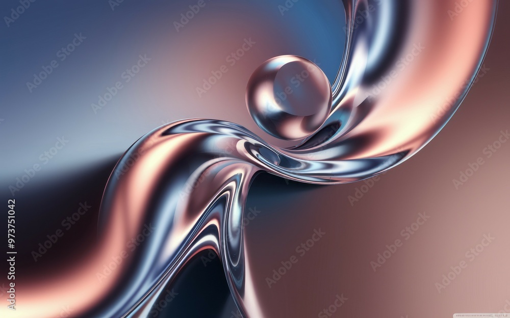 Poster abstract silver orb. metallic sphere and swirling lines in a silver and pink color scheme, creating 