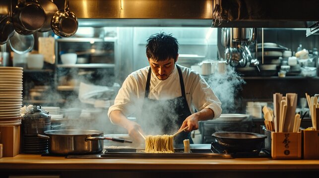 28. A vibrant ramen kitchen with steam rising from simmering broths, chefs skillfully crafting noodles, epitomizing the dedication to authentic Japanese flavors