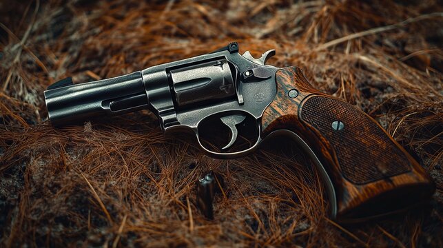 A revolver laying on the ground in the woods