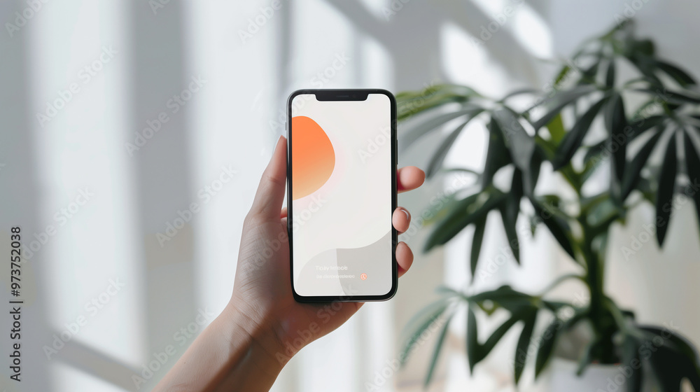 Poster phone mockup in hand, showcasing a mobile app ui with a modern minimalist background for a clean pre