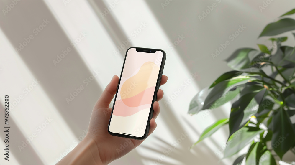 Aufkleber phone mockup in hand, showcasing a mobile app ui with a modern minimalist background for a clean pre