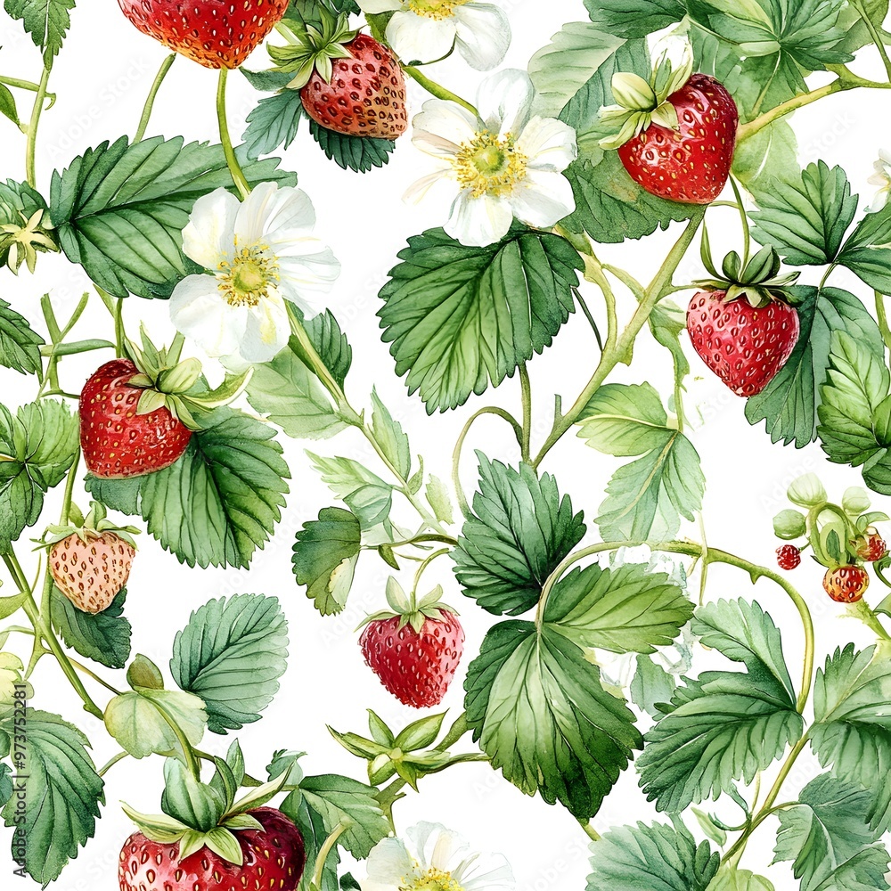 Sticker watercolor strawberry seamless pattern