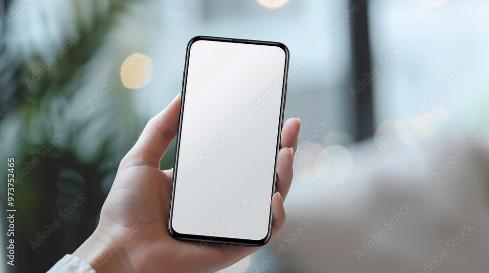 Poster phone mockup in hand, showcasing a mobile app ui with a modern minimalist background for a clean pre