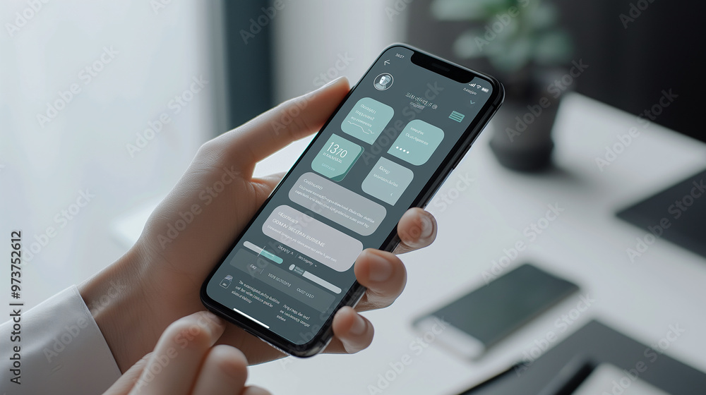 Poster phone mockup in hand, showcasing a mobile app ui with a modern minimalist background for a clean pre