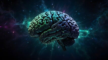 A detailed representation of a human brain illuminated against a cosmic background, showcasing neural connections and energy