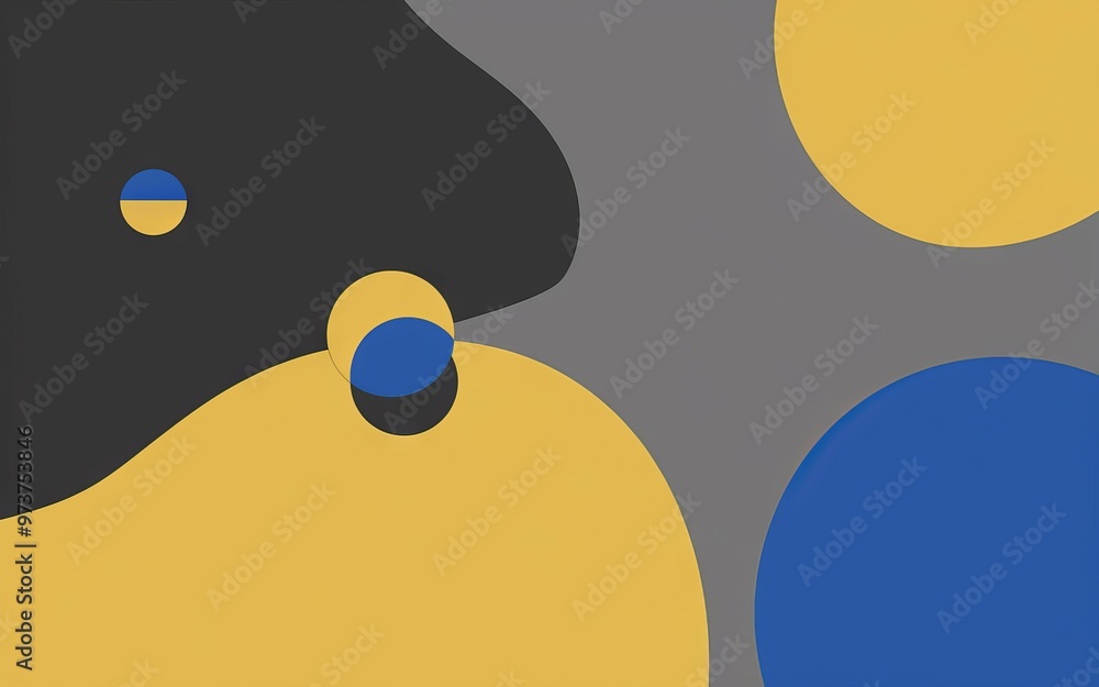 Poster Abstract shapes background. Abstract background with yellow, blue and black shapes on a grey background. This image represents simple, modern and minimal design concepts.
