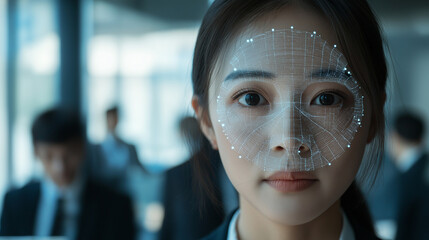 Advanced Face Recognition Technology in a Business Environment - AI-Powered Biometric Identification System with Digital Interface and Facial Mapping at Work