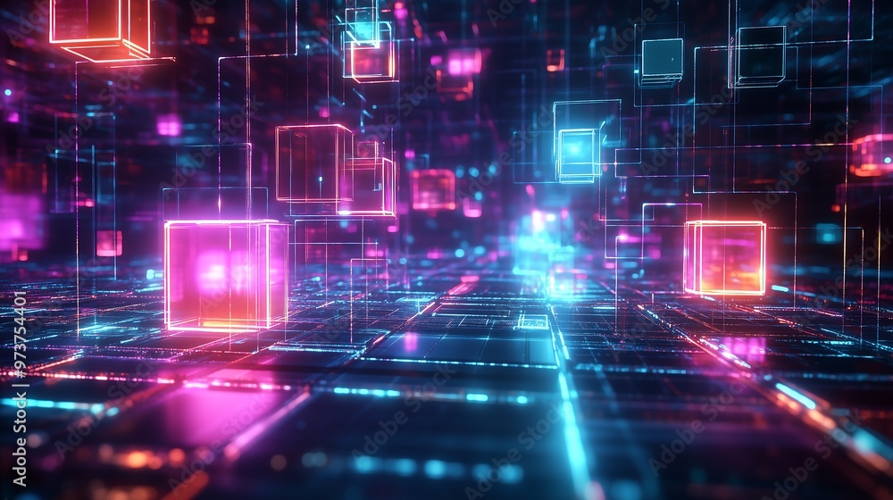 Poster digital metadata cubes and binary related designs, neon light fractal abstract technological backgro