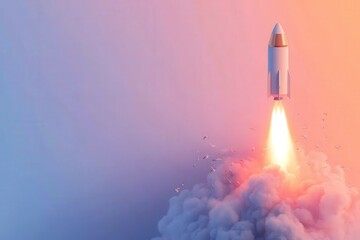 A magnificent rocket launch soaring into an enchanting twilight sky filled with vibrant colors
