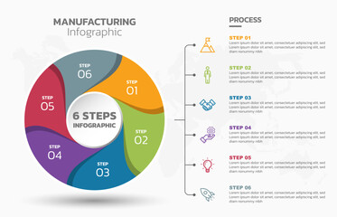 Visual data presentation. Cycle diagram with 6 options. Pie Chart Circle infographic template with 6 steps, options, parts, segments. Business concept. Marketing infographic vector illustration.