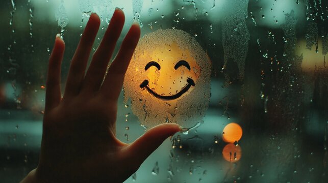 67. The hand of a woman creating a smiley face on a steamy window, with raindrops visible outside, highlighting the act of finding joy on a gloomy day
