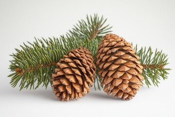 Two pine cones are on a white background