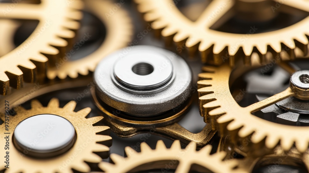 Poster close up of intricate gold gears and cogs in a complex mechanism