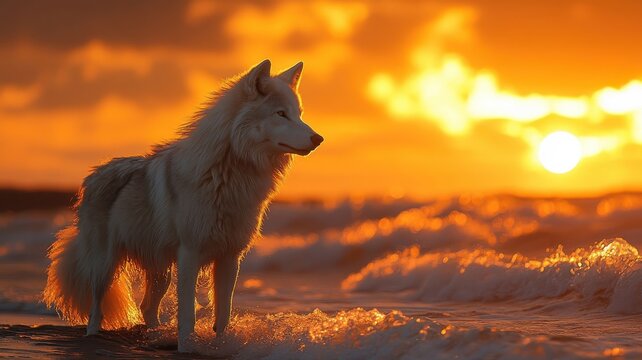 Wolf standing on a beach with waves crashing and a sunset in the background.