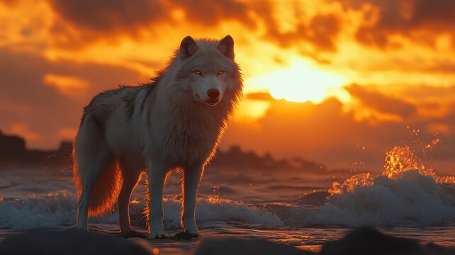 Wolf standing on a beach with waves crashing and a sunset in the background.