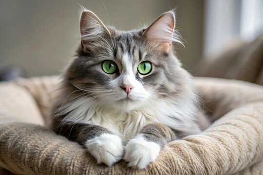 Adorable gray and white domestic cat with bright green eyes and fluffy fur lounges on a soft cushion,