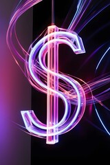 Neon dollar symbol glowing in vibrant colors with dynamic light trails on a dark background