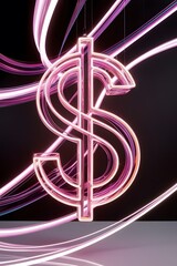 Neon dollar symbol glowing in vibrant colors with dynamic light trails on a dark background