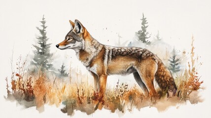 Obraz premium Watercolor illustration of a coyote, with soft hues blending into the natural scenery.