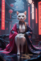 elegant cat dressed in traditional attire pose regally in a vibrant, futuristic setting during a fashion event. Generative AI.