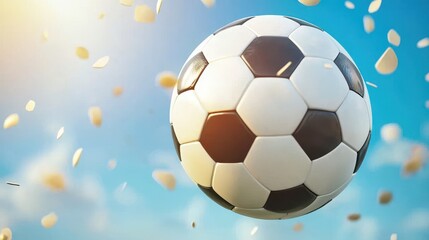 Fototapeta premium Soccer Ball Flying Through Air With Confetti Sports Illustration
