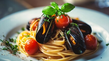 81. A beautifully plated dish of spaghetti with fresh tomatoes and succulent mussels, garnished with herbs and presented in a gourmet style