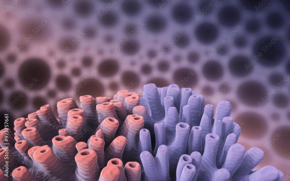 Poster cell structure close up. close-up image of cell structure with red and blue colors, resembling a bio