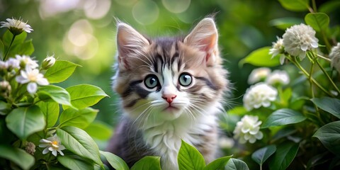 Adorable grey and white kitten with bright green eyes and fluffy whiskers peers curiously from behind a delicate