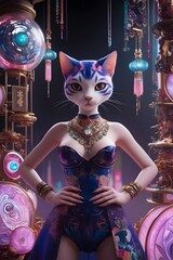 elegant cat dressed in traditional attire pose regally in a vibrant, futuristic setting during a fashion event. Generative AI.