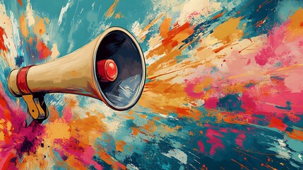 Vibrant megaphone illustration loud sound announcement with burst of fire on the background, cartoon like design