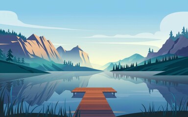 Mountain lake dock. Tranquil mountain lake scene featuring a wooden dock, reflecting the serene sky and majestic peaks.  Ideal for relaxation and contemplation.