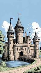 Obraz premium Stone castle illustration. Majestic medieval castle with a drawbridge and a moat, evoking a sense of history and fantasy.