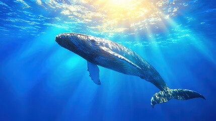 Humpback Whale Swimming in Sunlight Ocean Water