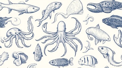 Obraz premium 92. Hand drawn seafood elements including fish, crabs, and octopus, arranged in a seamless vector background, highlighting the intricacies of marine life