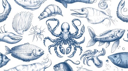 Fototapeta premium 92. Hand drawn seafood elements including fish, crabs, and octopus, arranged in a seamless vector background, highlighting the intricacies of marine life