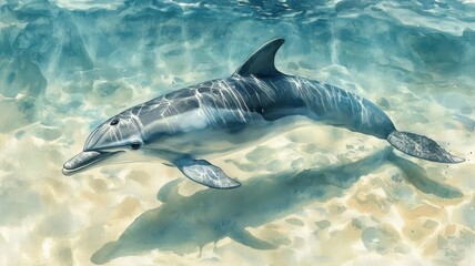 Fototapeta premium Watercolor illustration of a dolphin, painted with soft pastel hues, gracefully gliding through crystal-clear waters.