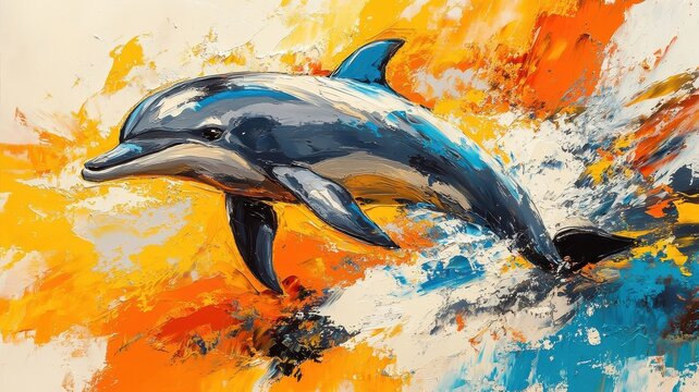 Abstract Expressionism dolphin, depicted in bold, vibrant strokes that capture its energetic motion in vivid, contrasting colors.